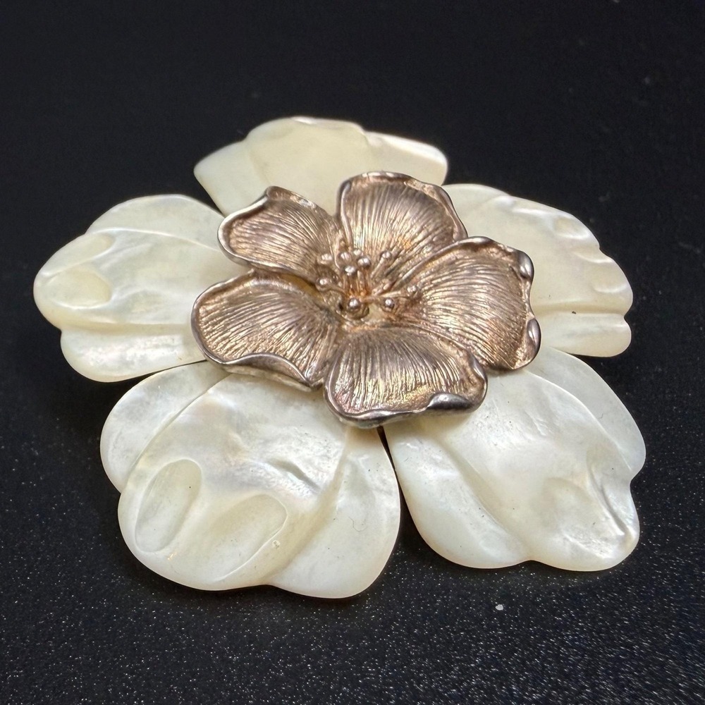 BJ 925 Sterling Carved Mother of Pearl Flower Brooch Pendant Magnolia Blossom 2"
